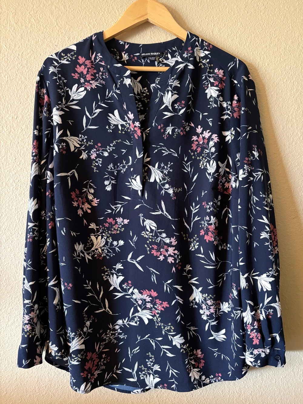 Hilary Radley Navy Floral Blouse Women's XL Split Neck Long Sleeve Top